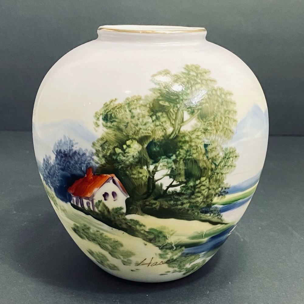 Vintage Japanese Hand Painted Vase Country Scene Farmhouse Swans Signed Hase 6”